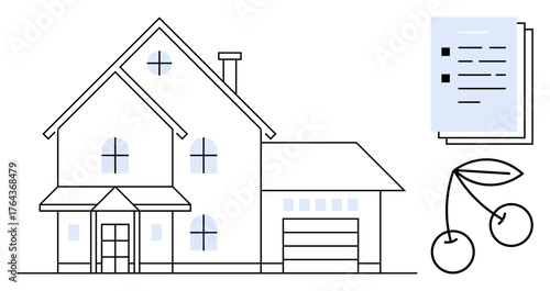 House with symmetric design, garage, chimney, stacked papers, and cherries. Ideal for real estate, contracts, homeownership, minimalism legal terms property management simple flat metaphor