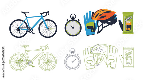 Cycling Essentials: A meticulously crafted collection showcasing the fundamental components essential for cycling. Explore the precision of a stopwatch, the protection of a helmet and gloves.