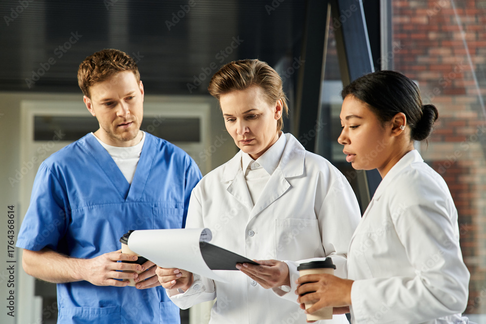 Fototapeta premium Multicultural team of doctors collaborating in a modern hospital setting