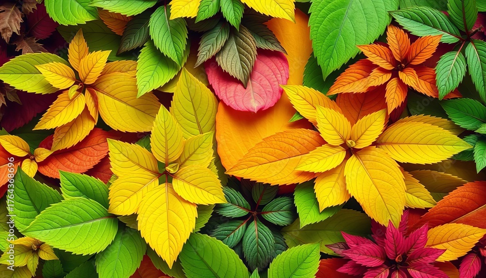Fototapeta premium Vibrant green leaves arranged in a layered, overlapping collage, macro, foliage