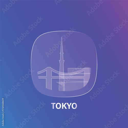 Tokyo, Japan: icon and logo prototype with glass liquid effect. Flat emblem with shapes of landmarks. Concept for mobile app, sticker, web element
