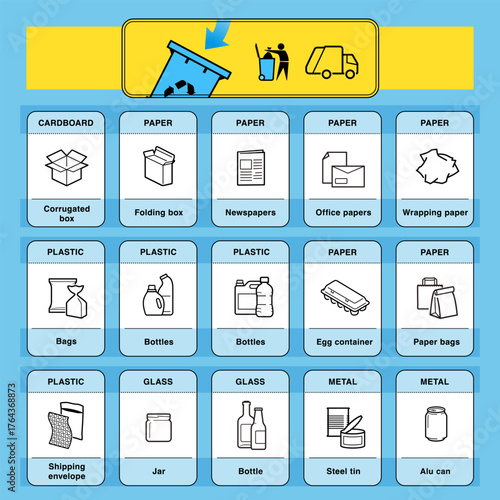 Icons sheet for recyclable packaging. Vector elements are made with high contrast, well suited to different scales and on different media. Ready for use in your design. EPS10.