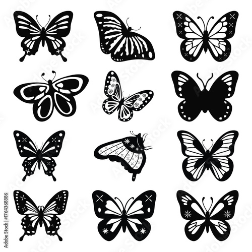 Elegant black and white butterfly silhouette vector set featuring minimal line art designs. Perfect for invitations; baby showers; spring decor; and creative projects