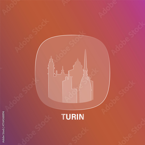 Turin, Italy: icon and logo prototype with glass liquid effect. Flat emblem with shapes of landmarks. Concept for mobile app, sticker, web element