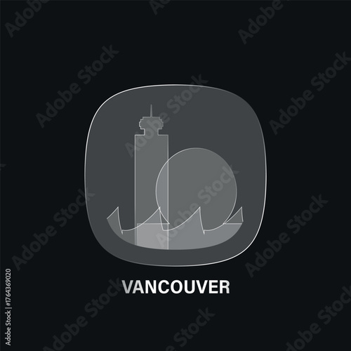 Vancouver, Canada: icon and logo prototype with glass liquid effect. Flat emblem with shapes of landmarks. Concept for mobile app, sticker, web element