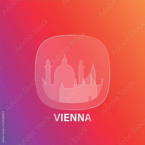 Vienna, Austria: icon and logo prototype with glass liquid effect. Flat emblem with shapes of landmarks. Concept for mobile app, sticker, web element.