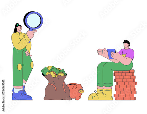 Design investment strategy planning financial analysis wealth management money growth savings and piggy bank illustration verctor art illustration png