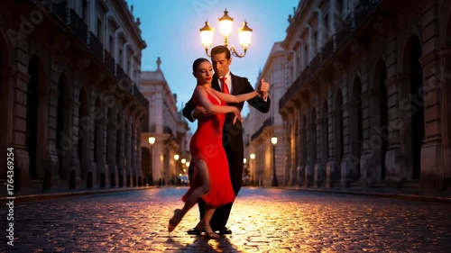 Couple Dancing Tango on Cobblestone Street at Night