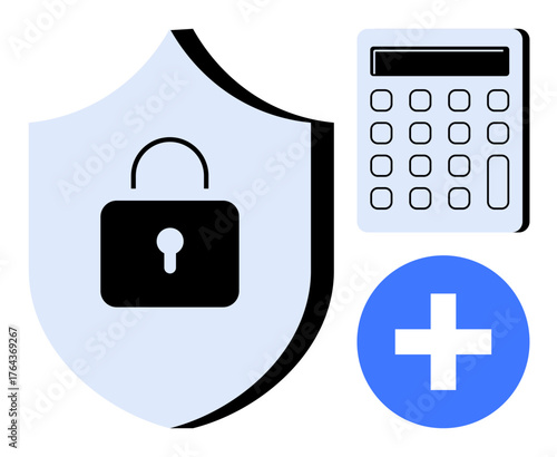 Shield with lock, calculator, and blue plus circle emphasizing financial security, data safety, and assistance. Ideal for finance, cybersecurity, healthcare, accounting auditing problem-solving