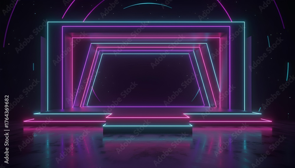 custom made wallpaper toronto digitalA glossy 3D-rendered futuristic stage framed by layered neon geometric arches in pink, purple and cyan, reflected on a polished floor — perfect for tech, music and event visuals.