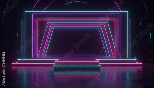 Wallpaper Mural A glossy 3D-rendered futuristic stage framed by layered neon geometric arches in pink, purple and cyan, reflected on a polished floor — perfect for tech, music and event visuals. Torontodigital.ca