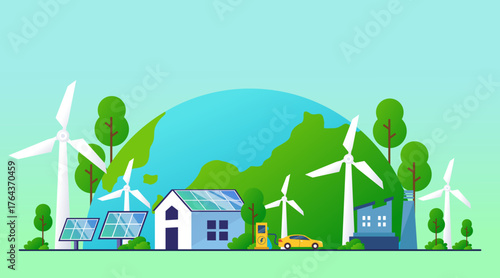 ESG Environmental Social and Governance Concept with Wind Turbines and Solar Panels for Clean Renewable Energy and Sustainable World Environment