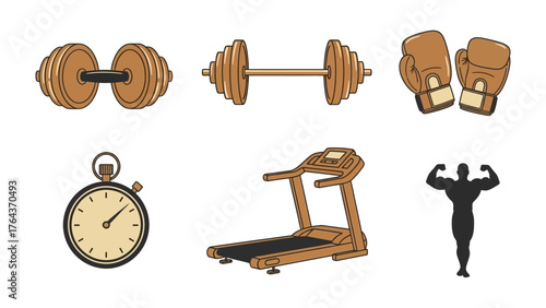 Fitness Icon Collection: An illustrative ensemble of fitness icons, featuring essential tools and equipment representing a healthy lifestyle and the pursuit of physical well-being.