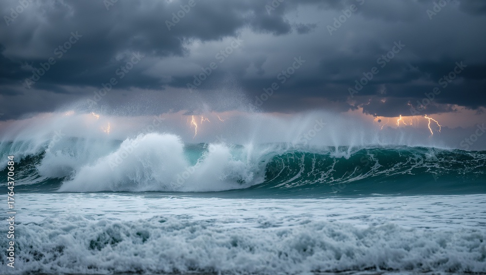 Obraz premium Roaring ocean wave crashing over churning surf at sea, with storm clouds and lightning bolts