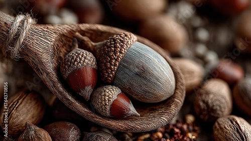 Top view of a wooden spoon filled with acorns, surrounded by small acorn seeds on an oak wood table, detailed rustic still life with smooth natural texture and autumn atmosphere in soft natural