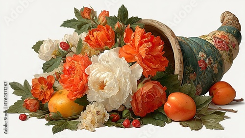 Watercolor Cornucopia Illustration with Autumn Flowers and Fruits on White Background — High-Resolution, High-Definition, Soft Colors, High Contrast for Holiday Decoration, Greeting Cards, Posters