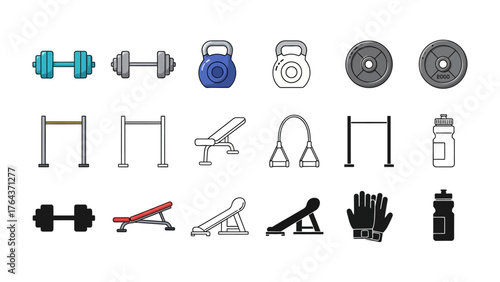 Fitness and exercise equipment icons: a diverse collection of vector icons, showcasing the core elements for a dynamic fitness routine, including dumbbells, kettlebells, weight plates, pull-up bars.