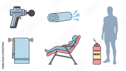 Wellness Tools & Serenity: An image of massage gun, towel, silhouette, bottle of water, depicting the tranquil experience.