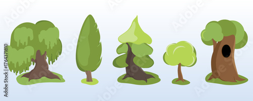 Collection of cartoon green trees: spruce, oak, willow, poplar. Vector illustration flat simple children's design.