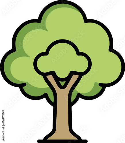 Tree vector icon with leafy canopy and sturdy trunk on white background
