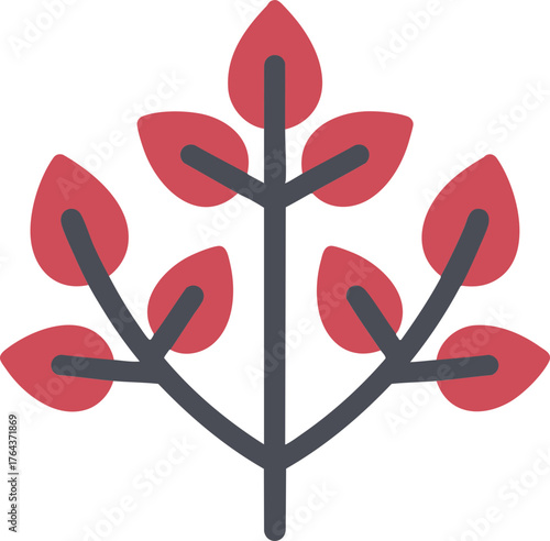 Leafy branch vector icon with red foliage and simple botanical style