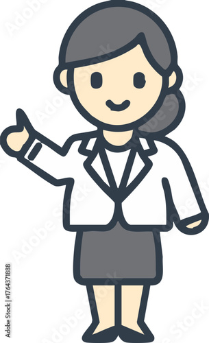 Businesswoman character in suit pointing gesture for office presentation
