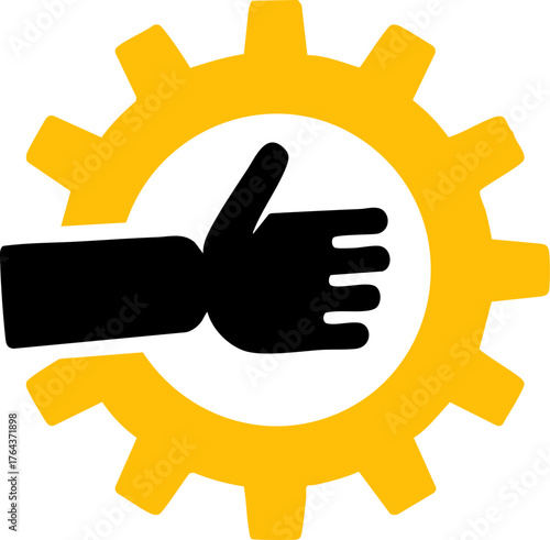 Yellow gear with black hand silhouette symbolizing teamwork and service