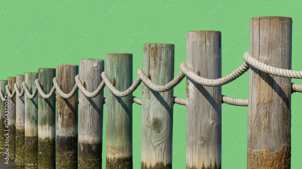 Obraz premium Row of weathered wooden dock posts connected by thick white rope against solid mint green background