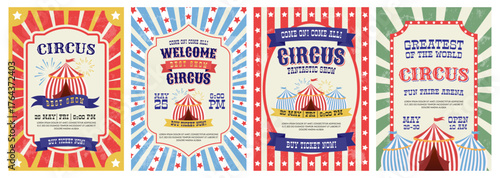 welcome circus, retro invitation poster set. vintage festival background with tent, pattern. invite banner of carnival show. vector illustration
