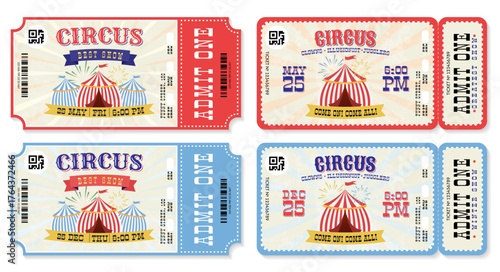 circus invitation ticket set. vintage festival template with tent, sunburst pattern. retro invite of carnival, winter show. vector illustration