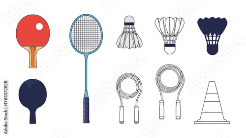 Sports Equipment Collection: A diverse collection of sports equipment, offering a glimpse into the world of recreation and fitness, a simple illustration focusing on recreational equipment