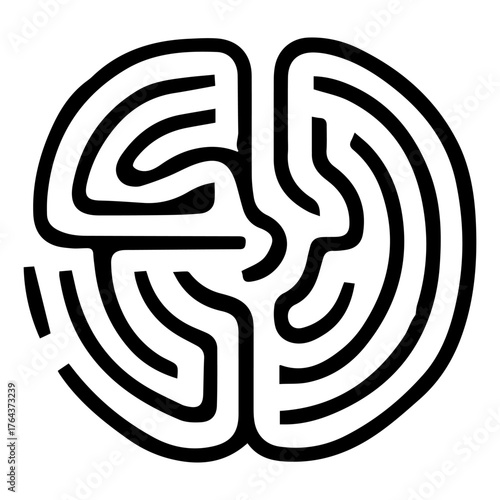 A maze is shown in black and white. The maze is circular and has a spiral design. The maze is surrounded by a white background