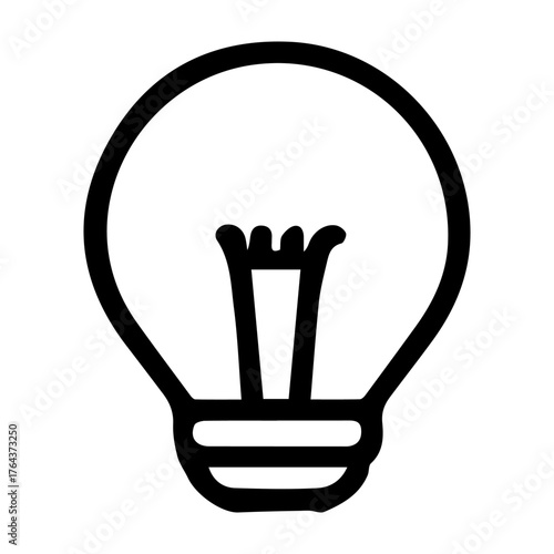 A light bulb is shown in a black and white drawing. The light bulb is lit up, which suggests that it is a symbol of knowledge or enlightenment. Concept of inspiration and creativity