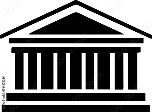 Black and white building with columns and a triangular roof. The building is a bank. The building is very tall and has a lot of columns