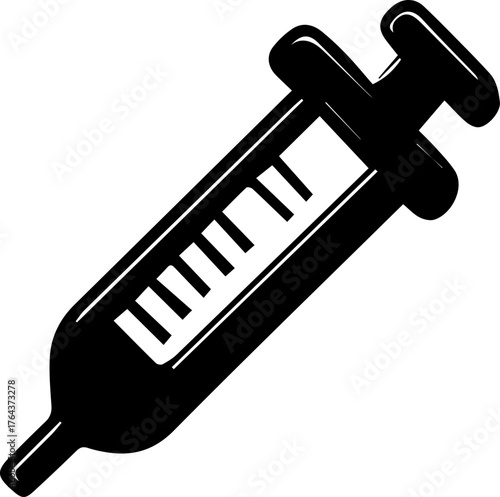 Syringe is shown in black and white. The syringe is a medical device used to inject or withdraw fluids from the body. Concept of precision and accuracy