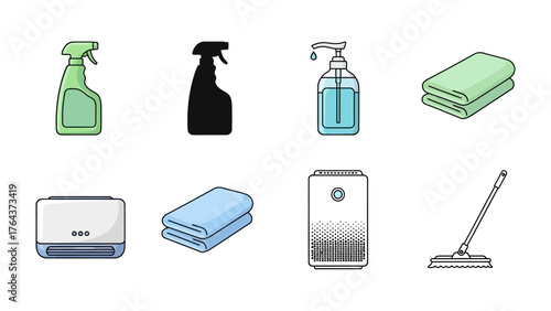 Cleaning Essentials: A set of essential cleaning supplies, including spray bottles, a soap dispenser, soft towels, and a mop, symbolizing cleanliness and hygiene.