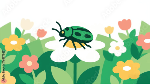 Ladybugs in Natural Flower Gardens Illustrator Artwork Banner Background Design Template 
