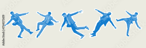 halftone artwork showing business people falling in motion representing failure and instability