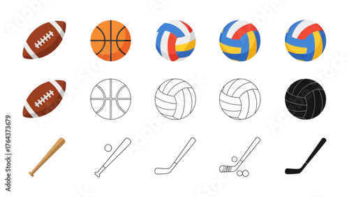 Sports Equipment Assortment: A diverse collection of sports equipment, including a basketball, volleyball, hockey stick and ball, and baseball bat, all set against a clean, uncluttered background.