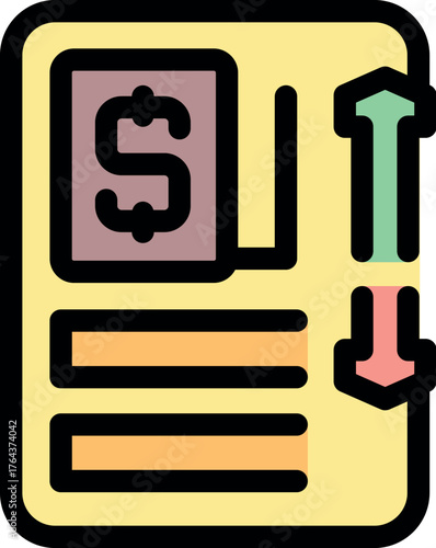 Document showing money with increasing and decreasing arrows, representing financial evaluation and transfer