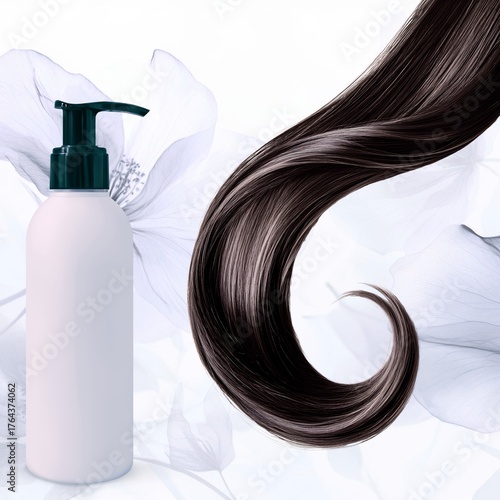 Hair Care Product Bottle with Shiny Brown Hair and Floral Background.