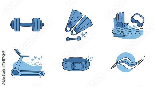 Gym and Pool icons: a collection of gym and pool related icons, perfect for representing fitness and leisure activities. it depicts diverse equipment and imagery.