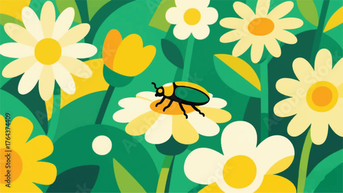 Beetle Insects in Flower Gardens Illustrator Artwork Banner Background Design Template 