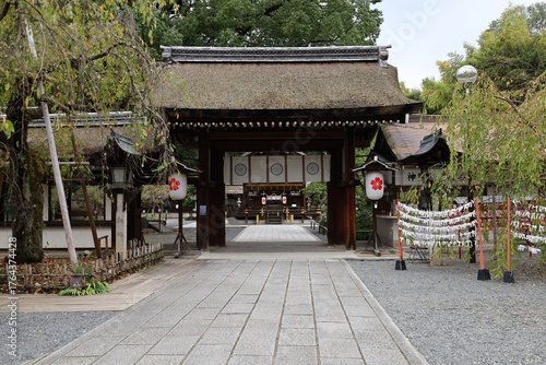 A Japanese shrine : a distant view of Hai-den Hall of worship or prayer in the precincts of Hirano-jinjya Shrine in Kyoto City