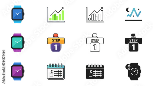 Time and Data Display: Modern smartwatches with various digital icons that represent time and data analysis, with clean and simple illustration