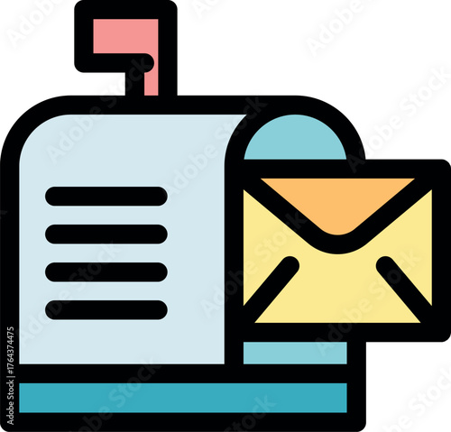 Open mailbox receiving a letter, with raised flag indicating new mail, symbolizing postal service, communication, and message delivery