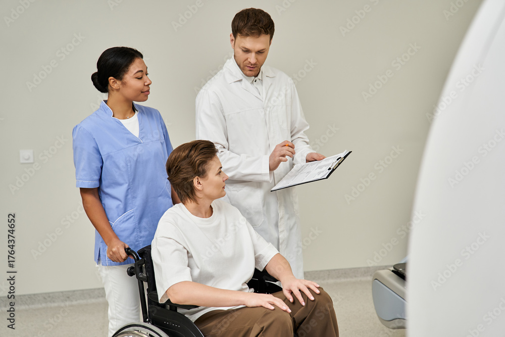 Obraz premium Healthcare professionals prepare a patient for an MRI scan in a modern hospital setting