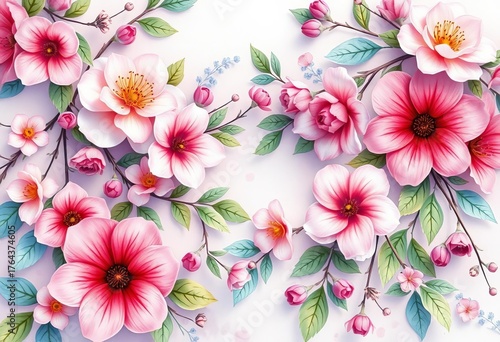 Intricate watercolor blooms, vines, and leaves in soft pastel hues,  abstract,  summer