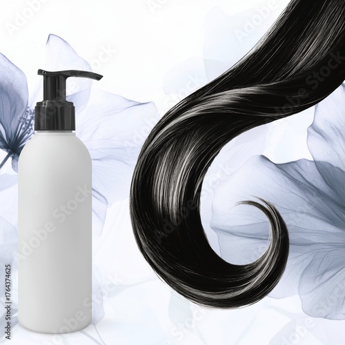 Hair Care Product Bottle with Shiny Black Hair and Floral Background.