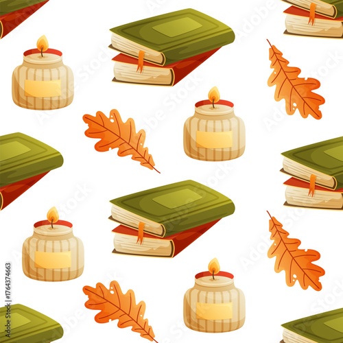 Seamless autumn pattern of stacks of books and candles. Perfect for textiles, wrapping paper, and covers. Vector illustration.